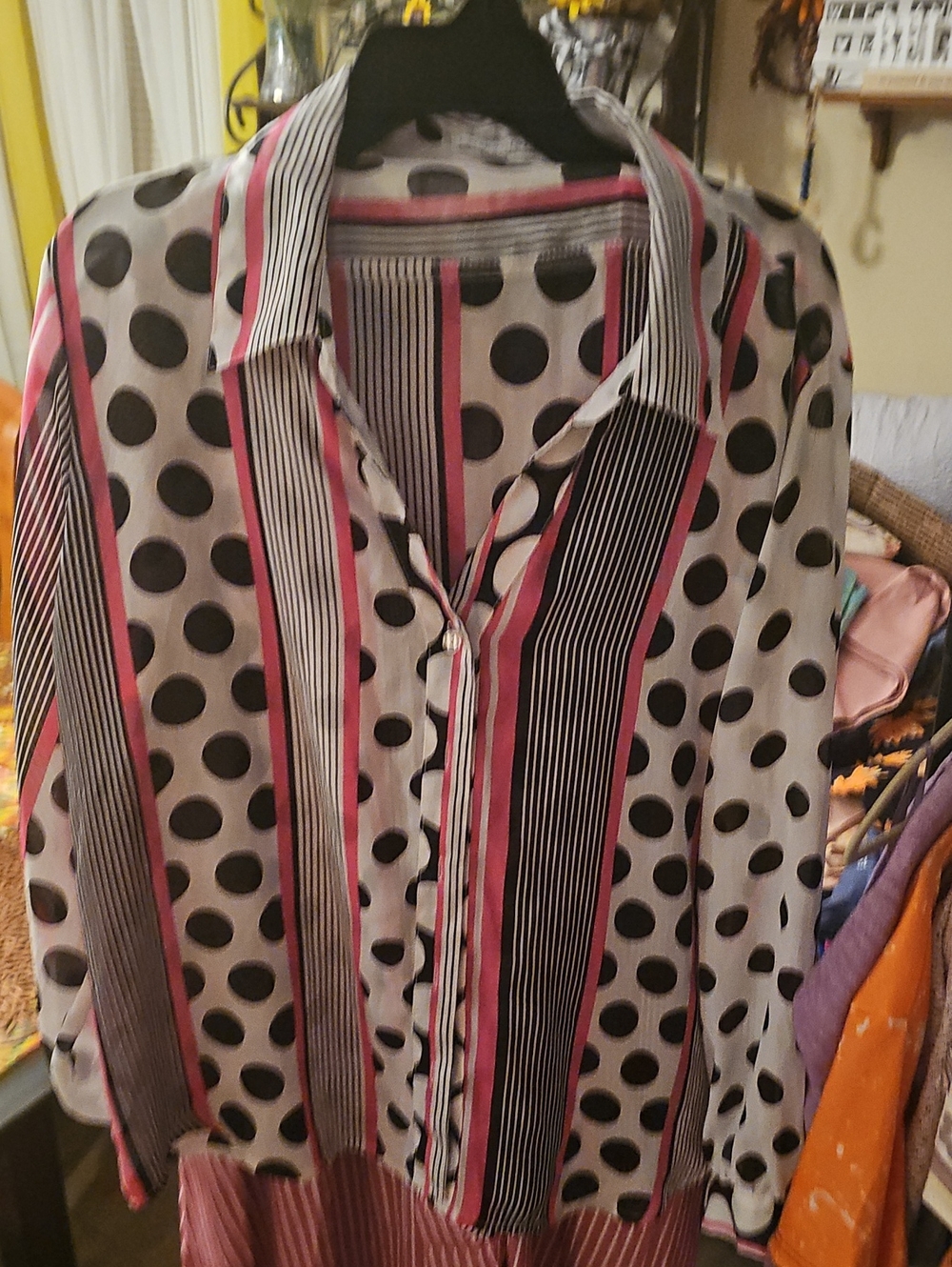 Womens Long Sleeve Polka Dot & Stripe Blouse - Pink/Black